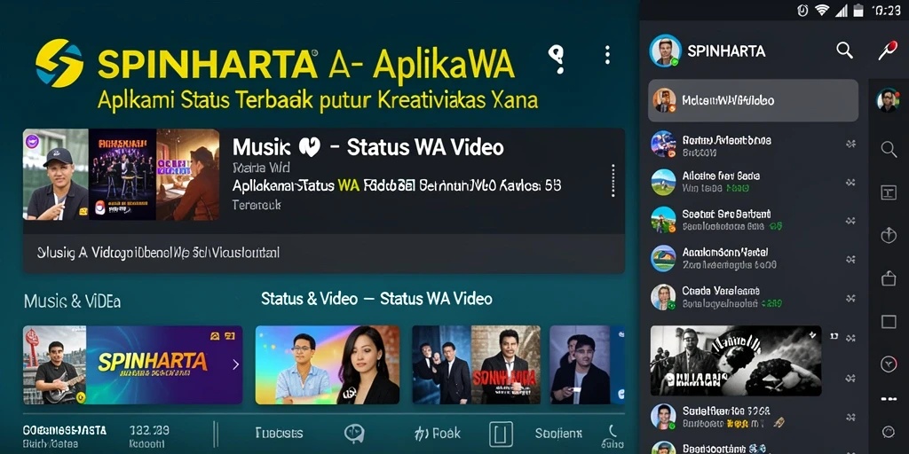 Antarmuka SPINHARTA menampilkan berbagai pilihan video untuk status WA yang menarik.