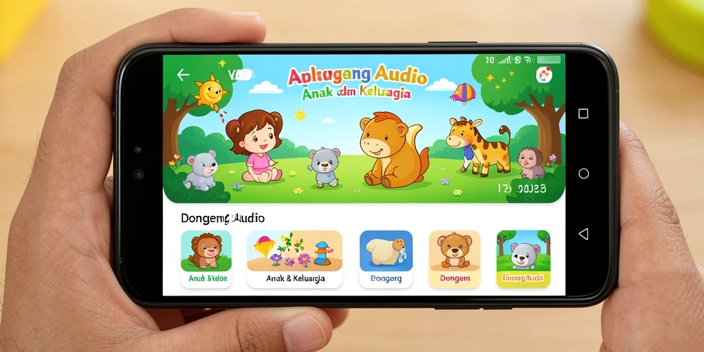 Antarmuka V07 yang ramah anak menampilkan berbagai pilihan dongeng audio.